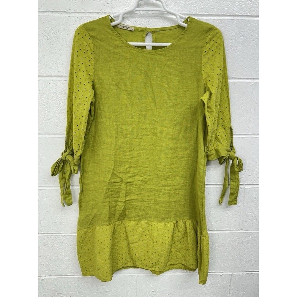 Francesca Bettini 100% Linen Shift Dress Eyelet Lace Ruffle Hem / Women's Large